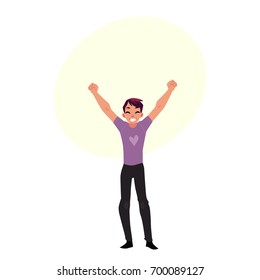 Young man, boy, guy, rejoicing, cheering, jumping in happiness and excitement, cartoon vector illustration with bubble speech. 