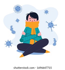 Young Man or Boy or Male or Person or Character Having Fever and Shivering in The Cold. Sickness Concept. Flat Design Illustration. Isolated. Vector. EPS 10