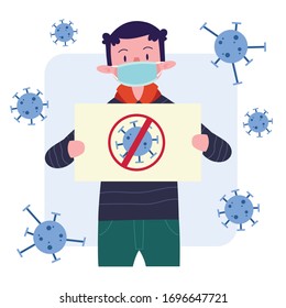 Young Man or Boy or Male or Person or Character Wearing Medical Mask With Virus Poster Design. Flat Illustration Concept. Isolated. Vector. EPS 10