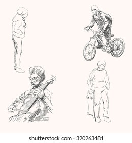 Young man or boy on bike, musician cellist with cello and boy with skateboard, in sketch hand drawing style