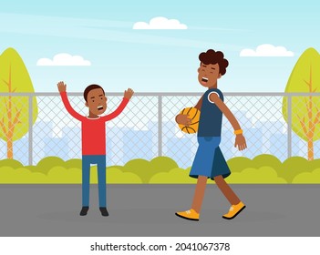 Young Man with Boy Playing Basketball Doing Sport and Physical Exercise Vector Illustration