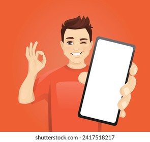 Muchacho joven mostrando pantalla de teléfono en blanco haciendo gestos de señal ok ilustración vectorial en fondo naranja