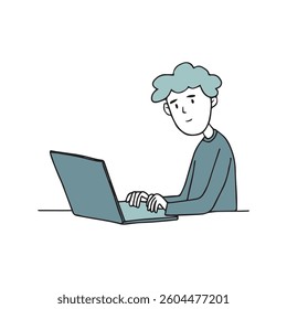 Young man, boy sitting at table, working on laptop. Work, education, modern technology concept. Isolated hand drawn computer vector illustration. Male person in ofiice, school, home. Electronic device