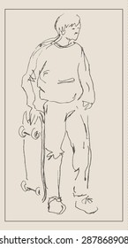 Young man or boy with skateboard, in engraving etching sketch hand drawing style, for extreme sport design