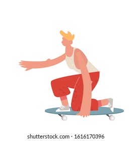 Young man boy skateboarder riding a skate board. Cartoon character on white background for design landing page. Flat modern vector illustration