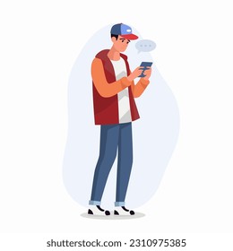 Junge Mann, Junge, Teen sieht auf Smartphone und Chatting. Happy Guy, Mann in Blue Jacket Coat Talking, Tippen auf dem Telefon. Full Body Flat Cartoon Charakter in Casual Bekleidung. Vektorgrafik