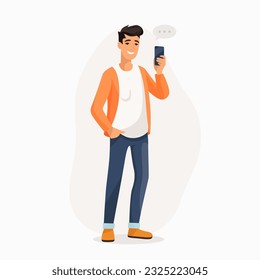 Young Man, Boy, Teen is Looking on Smartphone and Chatting. Happy Guy, Man is Talking, Typing on Phone. Full Body Flat Cartoon Character in Casual Clothes. Vector Illustration