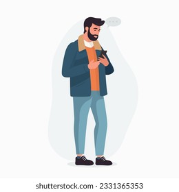 Young Man, Boy, Teen is Looking on Smartphone and Chatting. Happy Guy, Man is Talking, Typing on Phone. Full Body Flat Cartoon Character in Casual Clothes. Vector Illustration