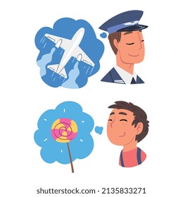 Young Man and Boy Thought and Need in Cloud Vector Set