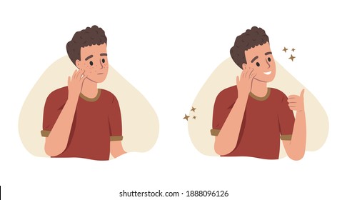 Young Man Or Boy With Two Different Skin Conditions: Acne, Pimples, Blackheads And Healthy Skin. Skincare, Dermatology Checkup. Face Mask, Cream. Teenager Skin. Flat Cartoon Vector Illustration.