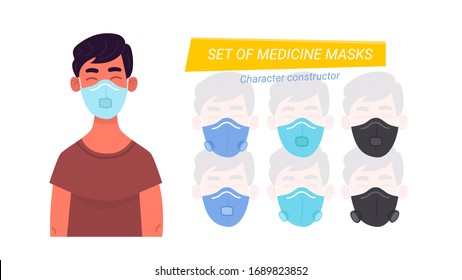 Young man boy wearing medical masks. masks isolated. Banner for epidemy air pollution, disease, flu, contaminated air, world pollution. Isolated cartoon character Vector flat illustration