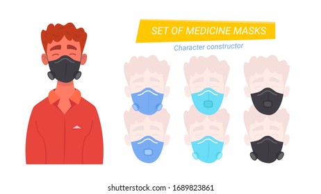 Young man boy wearing medical masks. masks isolated. Banner for epidemy air pollution, disease, flu, contaminated air, world pollution. Isolated cartoon character Vector flat illustration