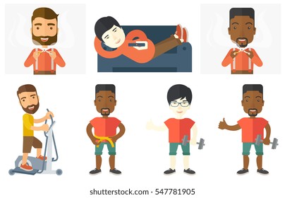 Young man breaking the cigarette. Man crushing cigarette. Man holding broken cigarette. Guy against smoking. Quit smoking concept. Set of vector flat design illustrations isolated on white background.