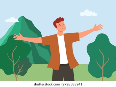 Hombre joven que respira aire fresco del bosque que disfruta de la escena natural de la libertad. Viajero masculino que huele el aroma del desierto y que saborea la armonía de la Ilustración vectorial de la naturaleza