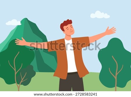 Young man breathing fresh forest air enjoying freedom natural scene. Male traveler smelling wilderness aroma and savoring harmony of nature vector illustration