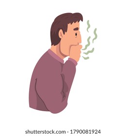 Young Man Breathing to His Hand to Check and Smell His Breath, Person Having Bad Breath Vector Illustration