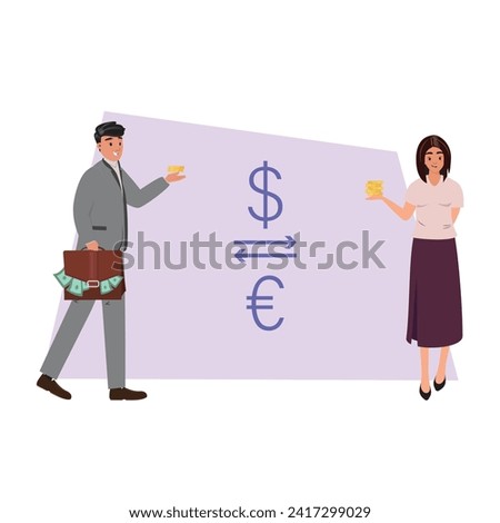 Young man with a briefcase brimming with money, and a woman holding coins embody dynamic currency exchange brokers

