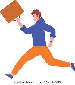 Joven con maletín apresurándose. El trabajo corre. Hombre corriendo aislado en fondo blanco