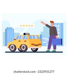 Young man with briefcase standing outside and looking for taxi. Taxi order and driver rating concept. Passenger waiting for car. Vector flat illustration in yellow and blue colors