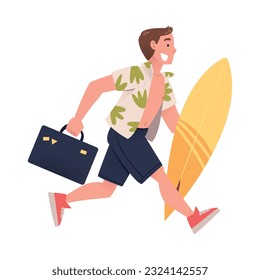 Young man with briefcase and surfboard hurrying to flight at airport. Happy rushing tourist going on summer vacation cartoon vector illustration