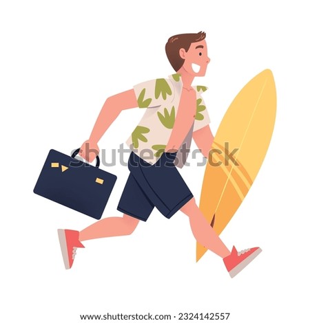 Young man with briefcase and surfboard hurrying to flight at airport. Happy rushing tourist going on summer vacation cartoon vector illustration