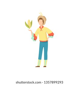 Young Man in Bright Costume and Cowboy Hat with Corn Cob. Festa Junina Brazil June Festival. Vector Illustration.