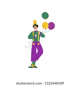 Young Man in Bright Traditional Mardi Gras Costume Celebrating Carnival Party with Balloons Vector Illustration