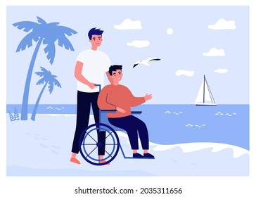 Young man bringing his disabled friend to seaside. Flat vector illustration. Disabled person admiring landscape, sitting in wheelchair driven by young man. Resort, travel, disability, help concept