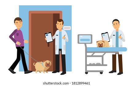 Young Man Bringing His Dog for Vet Examination Vector Illustration Set