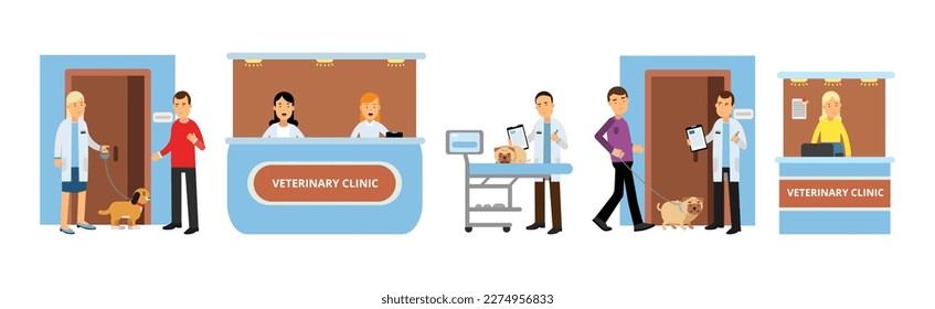 Young Man Bringing His Dog for Vet Examination Vector Illustration Set.