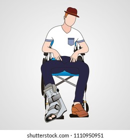 Young man with a broken ankle and a white cast on his leg , Men Sitting on a wheelchair