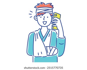 A young man with a broken arm and a bandage on his head smiles on the phone