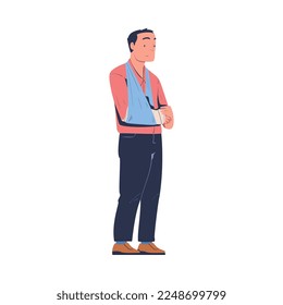 Young man with broken arm. Man feeling pain in body caused by injury cartoon vector illustration