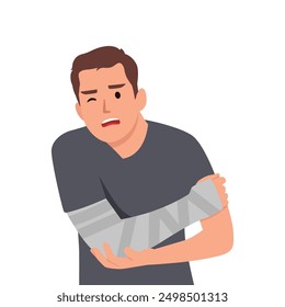 Joven con la mano rota herido. Ilustración vectorial plana aislada sobre fondo blanco