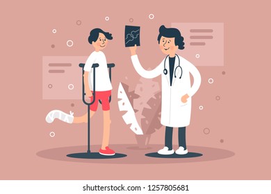 Young man with broken leg, bone in doctor s office at reception. Concept employee, medicine, crutches. Vector illustration.