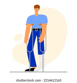 A young man with a broken leg on crutches. Flat vector illustration isolated on white background