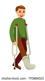 young man with broken leg walking using crutches flat vector illustration