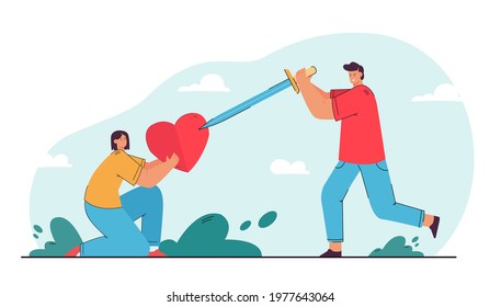 Young man broking heart that girl holding. Flat vector illustration. Cartoon guy striking woman heart with sword and hurting her..Betrayal, breakup, relationship, love concept for banner design