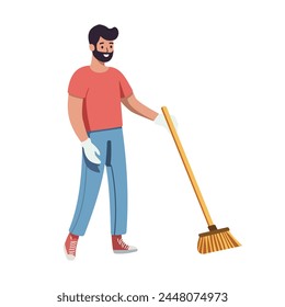 Young man with a broom for cleaning up trash. Earth Day. Concept Flat Cartoon Vector Illustration