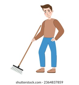 Young man with broom. The guy stands with hand on belt. Sweeping street or floor. Household cleaning, environmental cleanup. Vector flat illustration isolated on white background