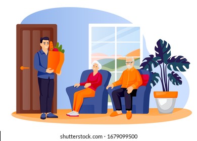 Young man brought food package to elderly parents or grandparents. Volunteer social worker delivers grocery to senior couple. Vector flat cartoon characters illustration. Taking care of older people.