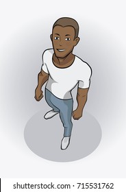 Young man with brown hair and blue eyes. T-shirt, jeans and sneakers.
