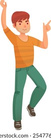 Young man with brown hair and an orange and yellow striped shirt is dancing energetically, his arms raised and pointing, expressing joy and excitement