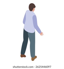 Young man with brown hair is walking in blue shirt and gray pants