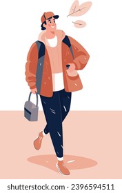 A young man in a brown jacket with a backpack. Vector illustration in a flat color style.