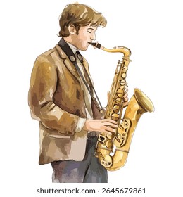 Um jovem de jaqueta marrom toca saxofone, num estilo aquarela. O instrumento é dourado.