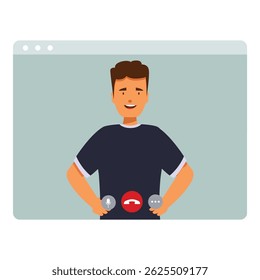 Young man in browser window having video call and declining incoming call
