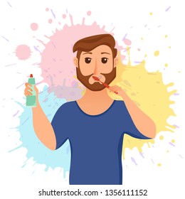 Young man brush teeth cartoon style vector concept. Smiling cheerful boy taking care of his health and holding tooth paste in his hand. Oral hygiene and morning routine illustration.