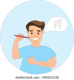 The young man brushes his teeth and shows the finger the top. The guy's thinking about healthy teeth.