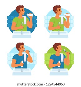 A young man brushing his teeth in front of the sink on the background of bathroom wall with tiles. Shows toothpaste, tube. Dental health care poster. Vector cartoon illustration for hygiene ad design.
